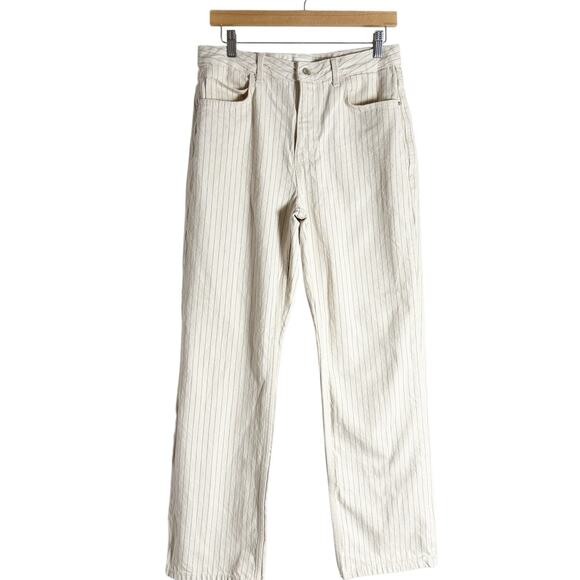 Zara Cream Blue Pinstripe High Rise Straight Leg Denim Jeans Preppy Size 8 - Picture 1 of 8